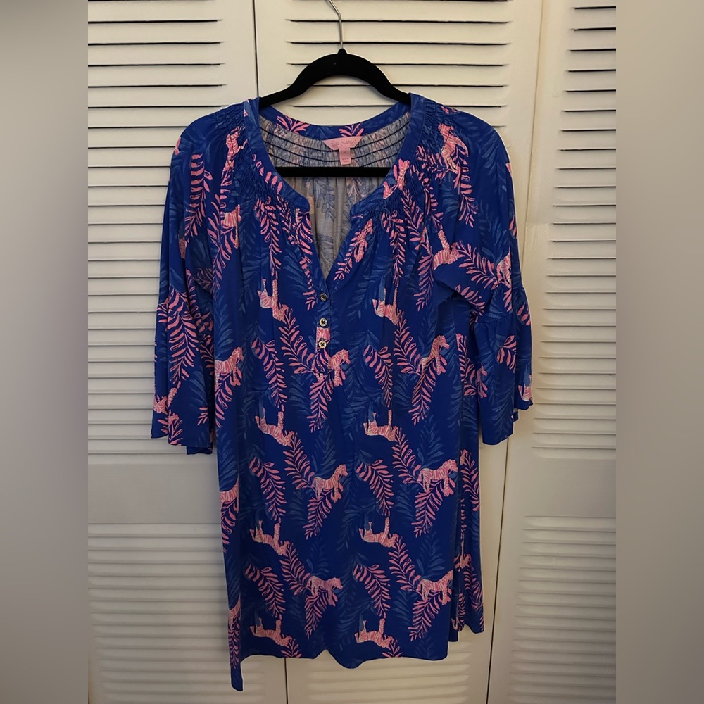 Blue and Pink Leaf Print Dress